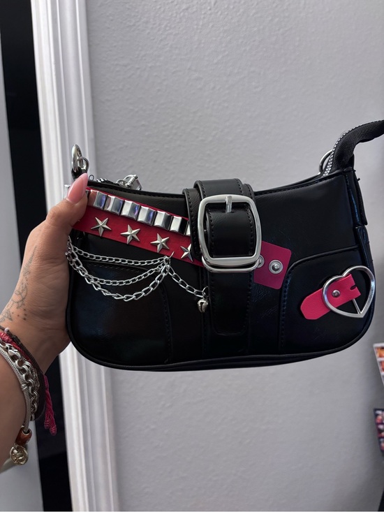 Handbags - Black and Pink Studded Chain Shoulder Bag